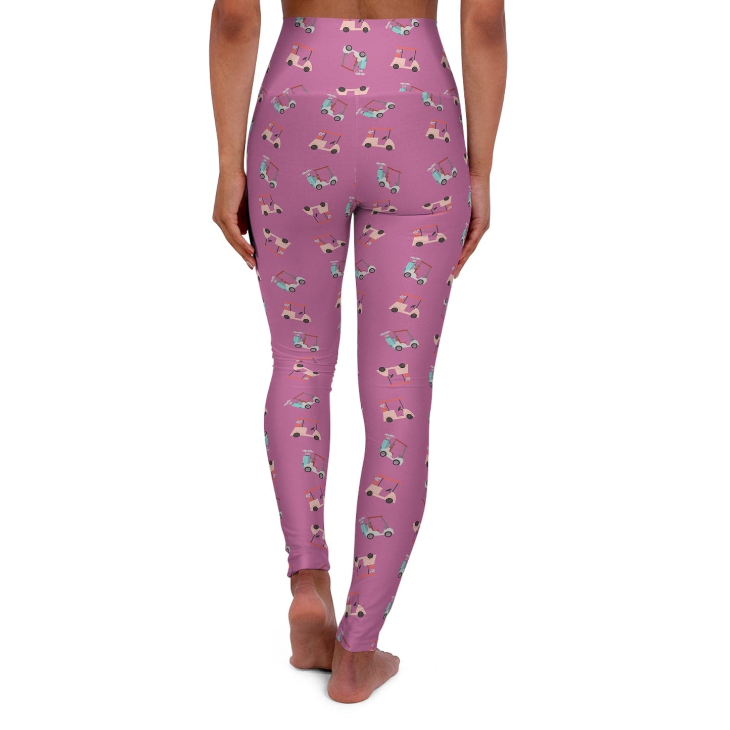 Pastel Pink Graphic Golf Cart Pattern High Waisted Yoga Leggings for Women