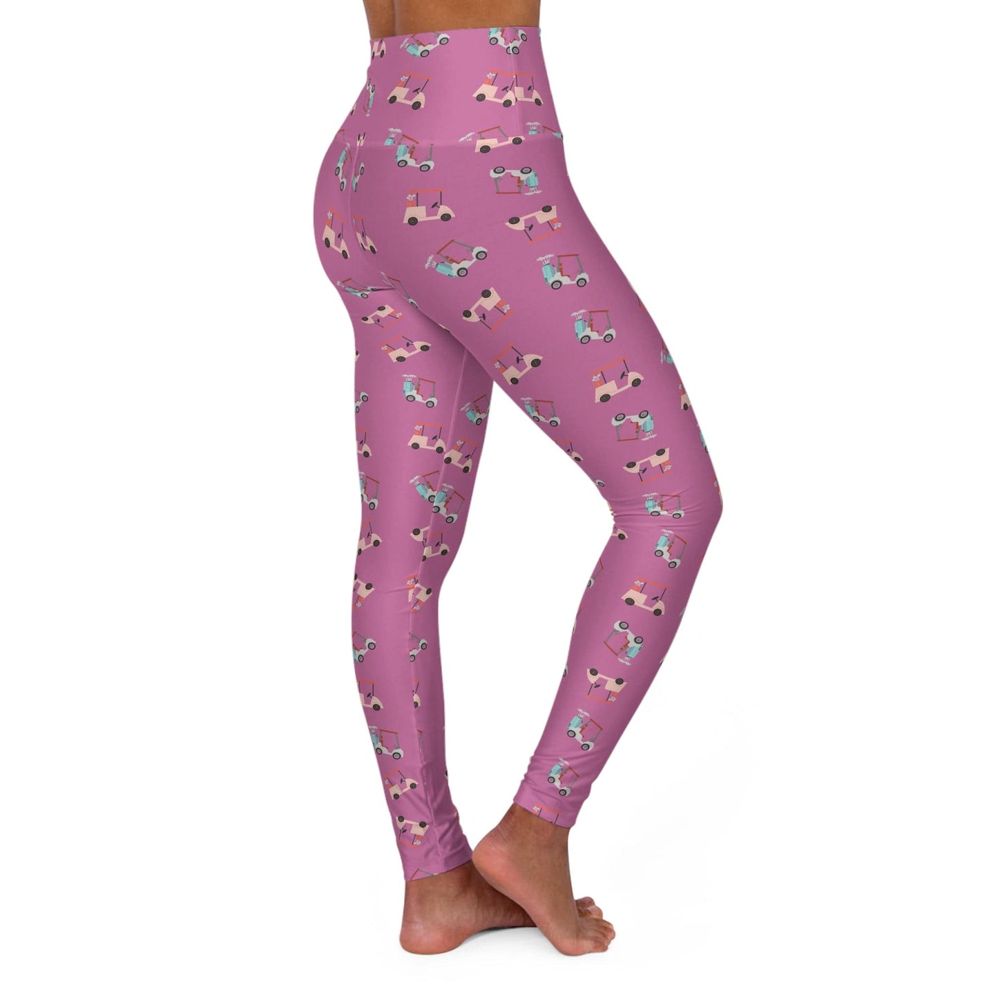 Pastel Pink Graphic Golf Cart Pattern High Waisted Yoga Leggings for Women