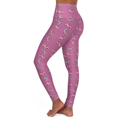 Pastel Pink Graphic Golf Cart Pattern High Waisted Yoga Leggings for Women