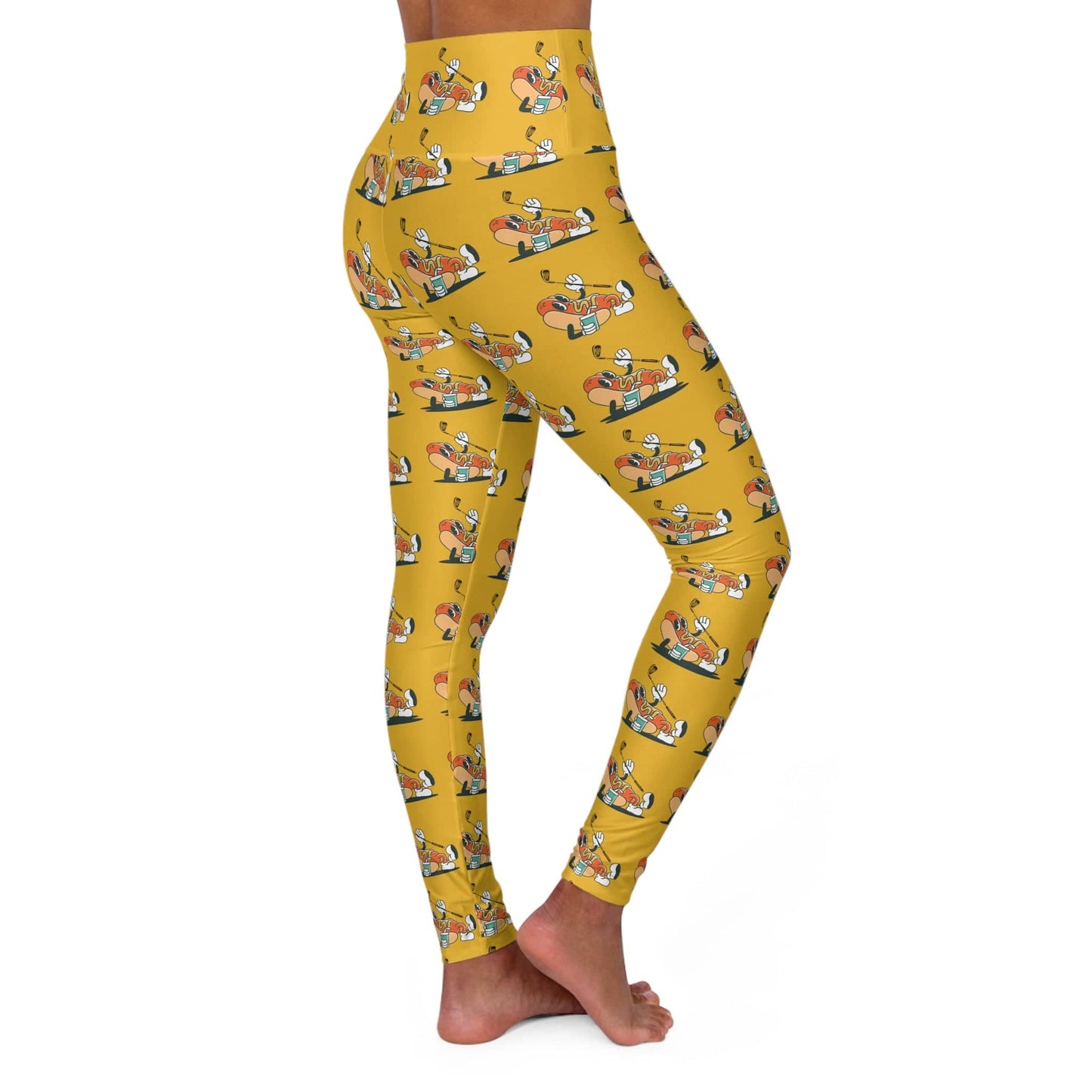 Yellow Gold Graphic Glizzy at the Turn Golf Pattern High Waisted Yoga Leggings for Women