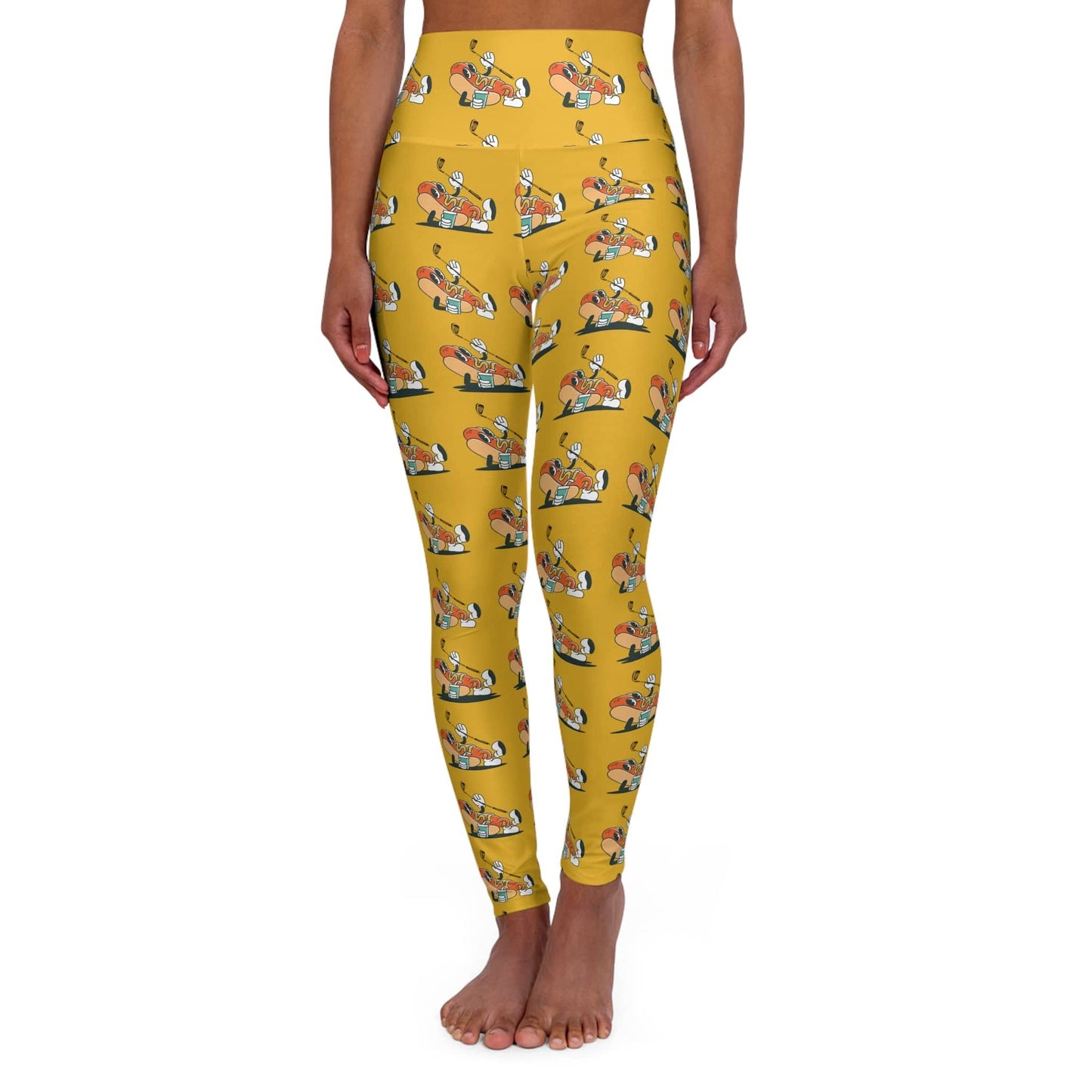 Yellow Gold Graphic Glizzy at the Turn Golf Pattern High Waisted Yoga Leggings for Women