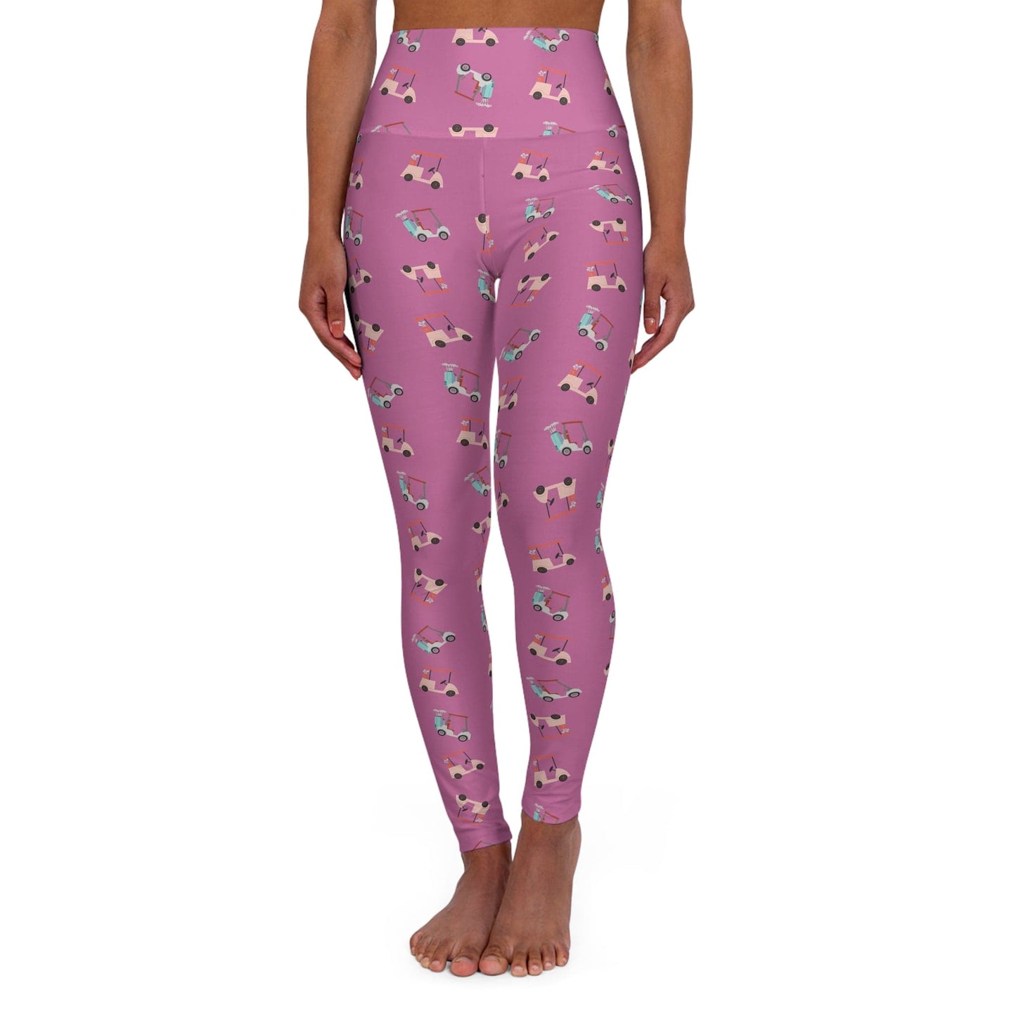 Pastel Pink Graphic Golf Cart Pattern High Waisted Yoga Leggings for Women